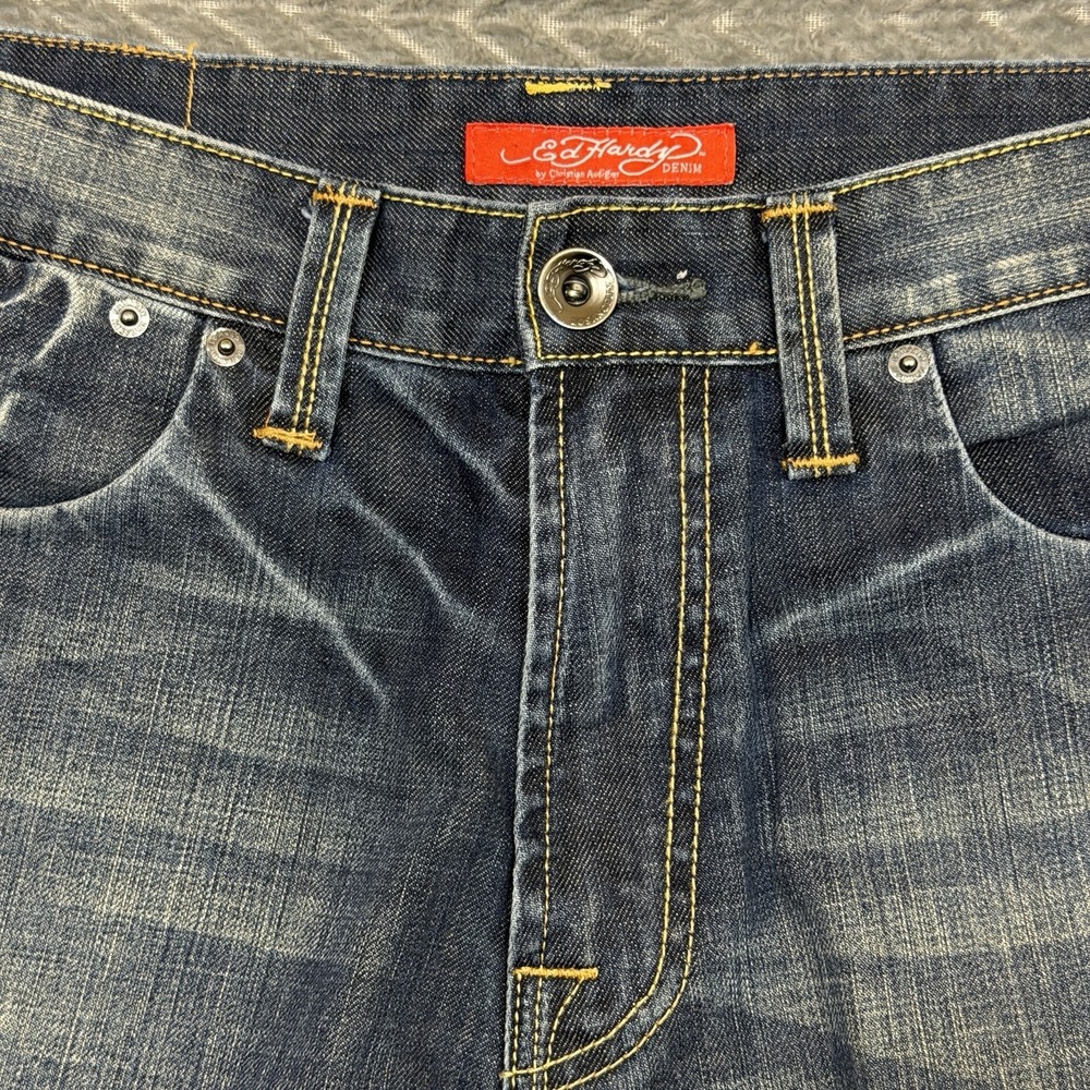 Ed Hardy Christian Audigier Jean Shorts Jorts Y2K Baggy Skater Button Fly 31 - Picture 2 of 13